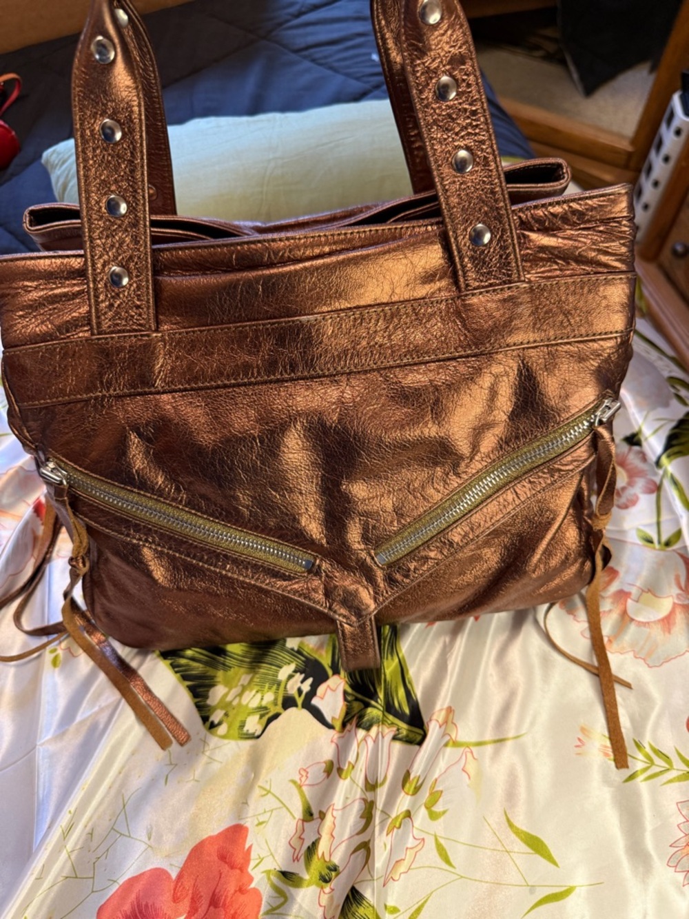 Botkier Metallic Bronze Tote Bag with Dual Zip Pockets
